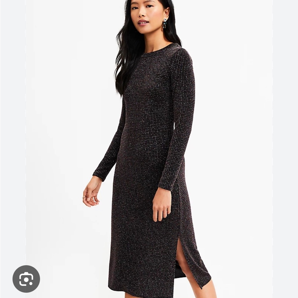 NWT LOFT black shimmer  black midi dress with long sleeves